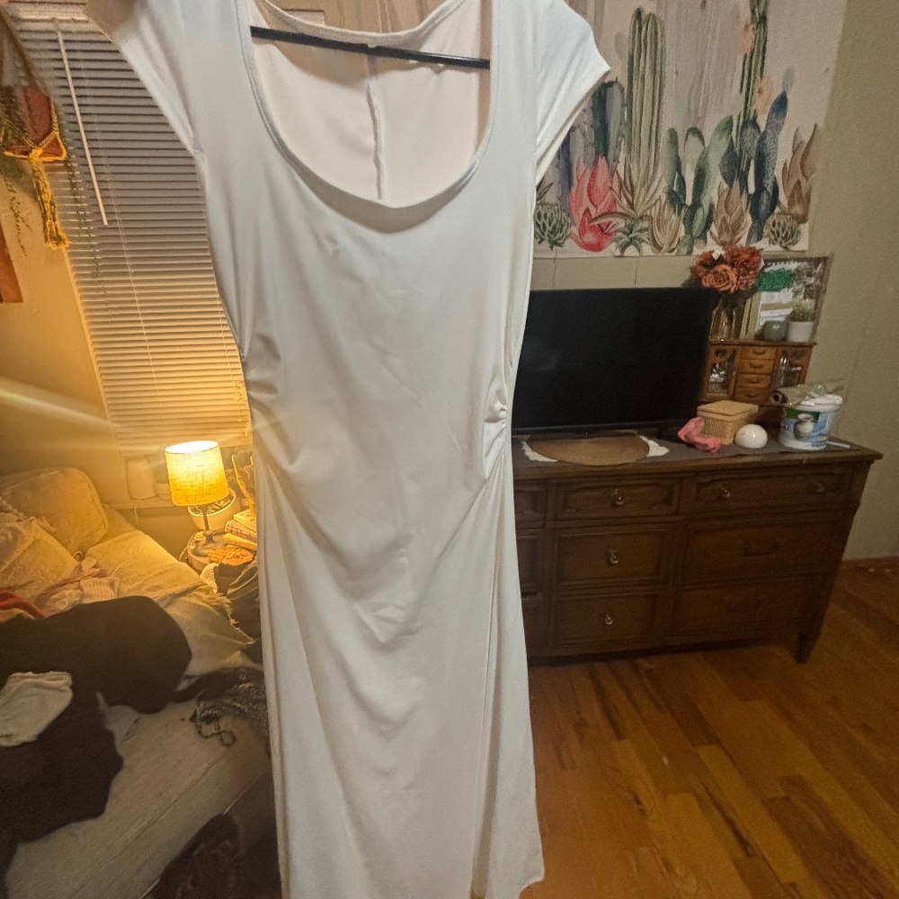 White maxi coastal slimming cap sleeve fitted scoop neck dress